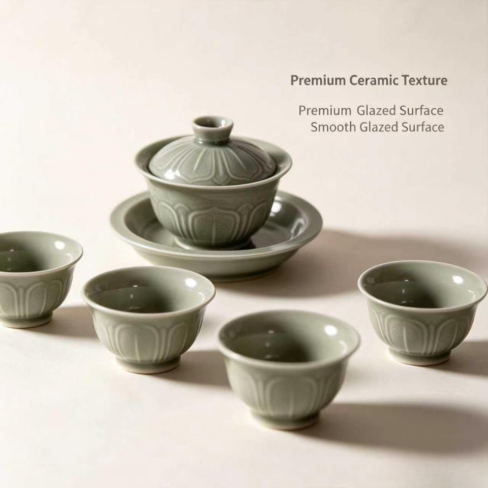 Yue Kiln Lotus Petal Covered Bowl Tea Set