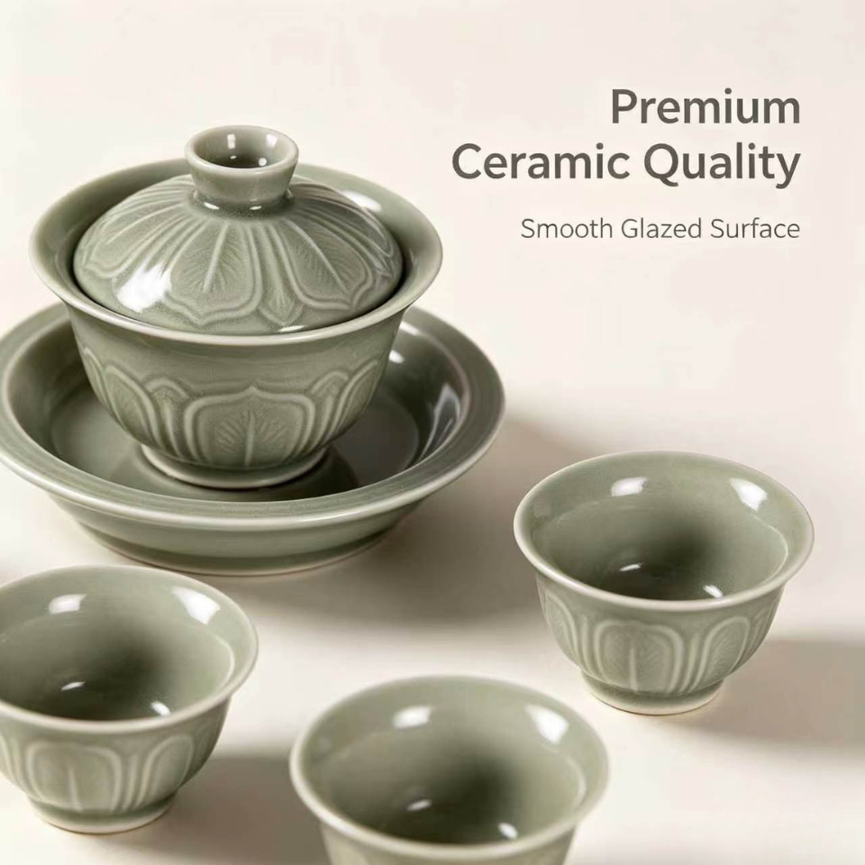 Yue Kiln Lotus Petal Covered Bowl Tea Set