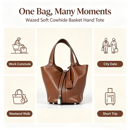 Waxed Soft Cowhide Basket Hand Tote