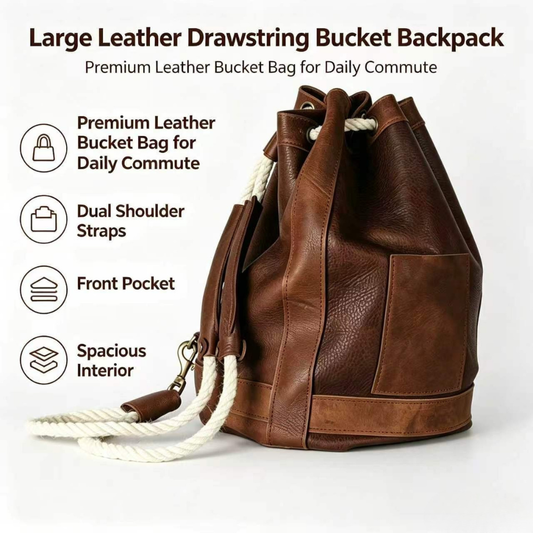 Large Leather Drawstring Bucket Backpack