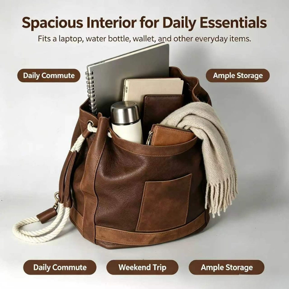 Large Leather Drawstring Bucket Backpack
