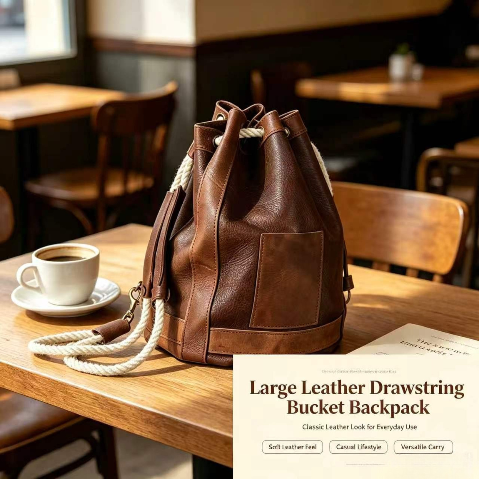 Large Leather Drawstring Bucket Backpack
