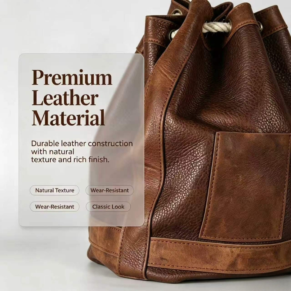 Large Leather Drawstring Bucket Backpack