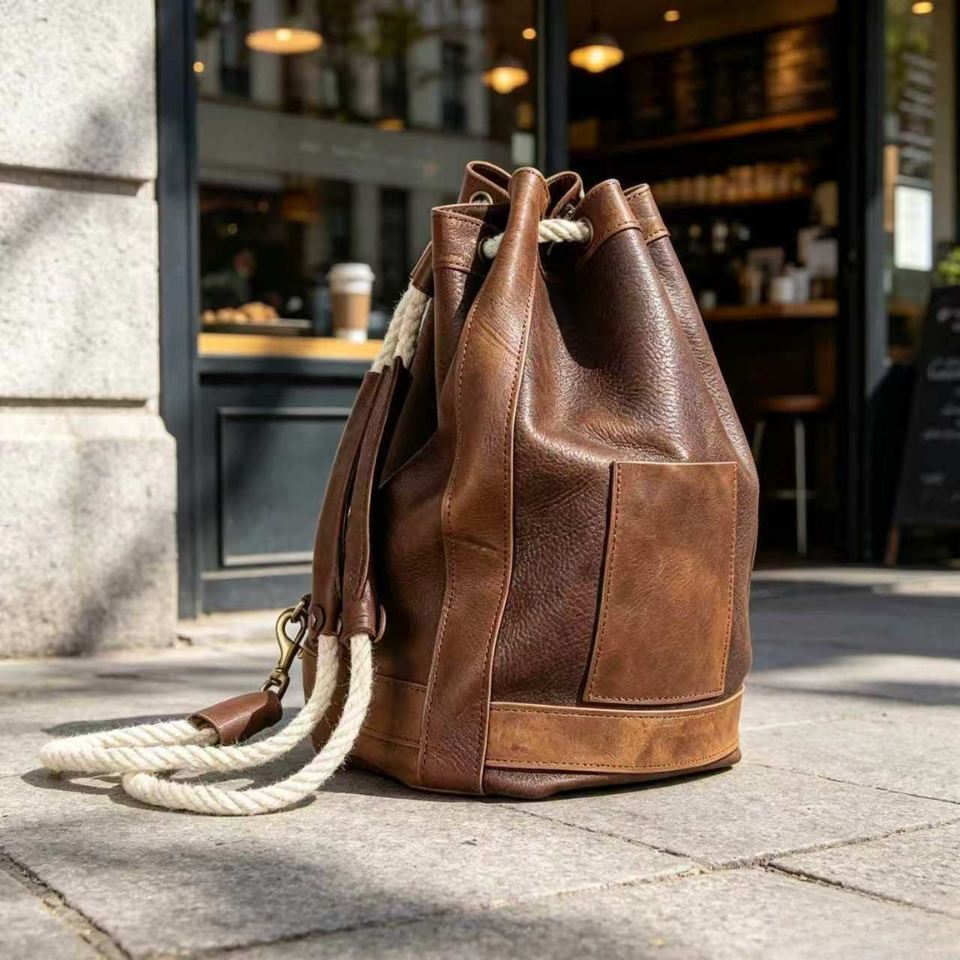 Large Leather Drawstring Bucket Backpack