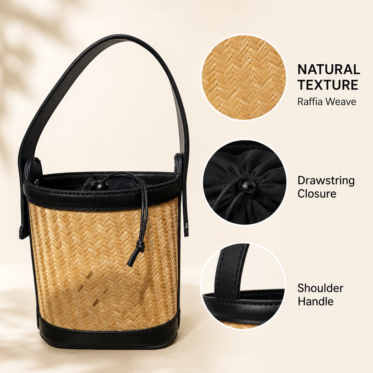 Natural Raffia Weave Drawstring Bucket Handbag