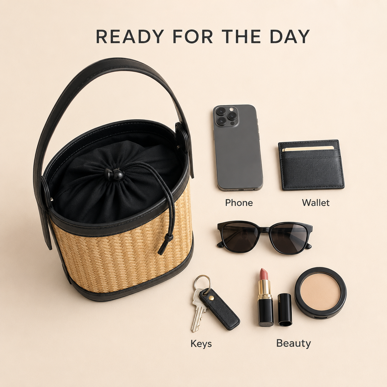 Natural Raffia Weave Drawstring Bucket Handbag
