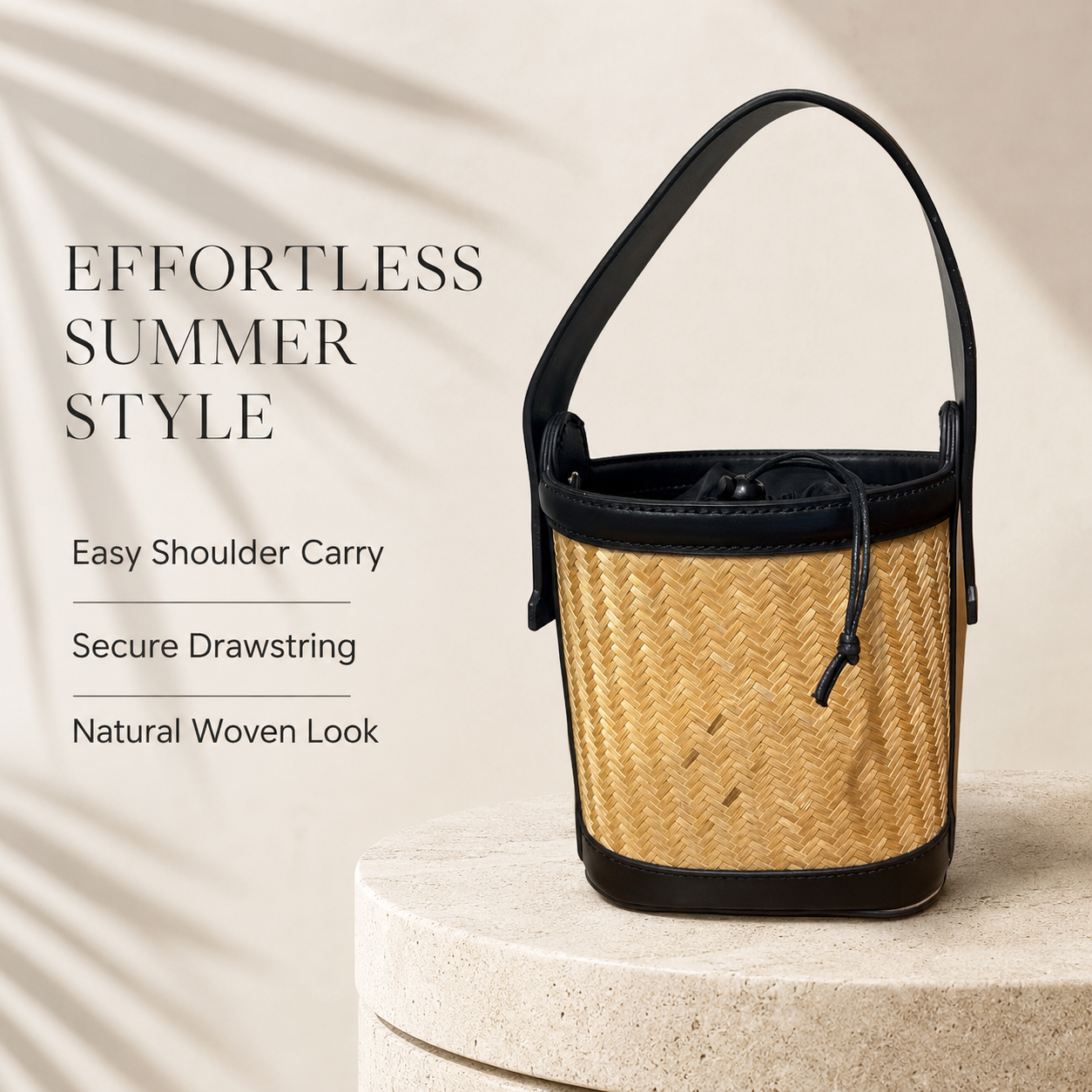 Natural Raffia Weave Drawstring Bucket Handbag