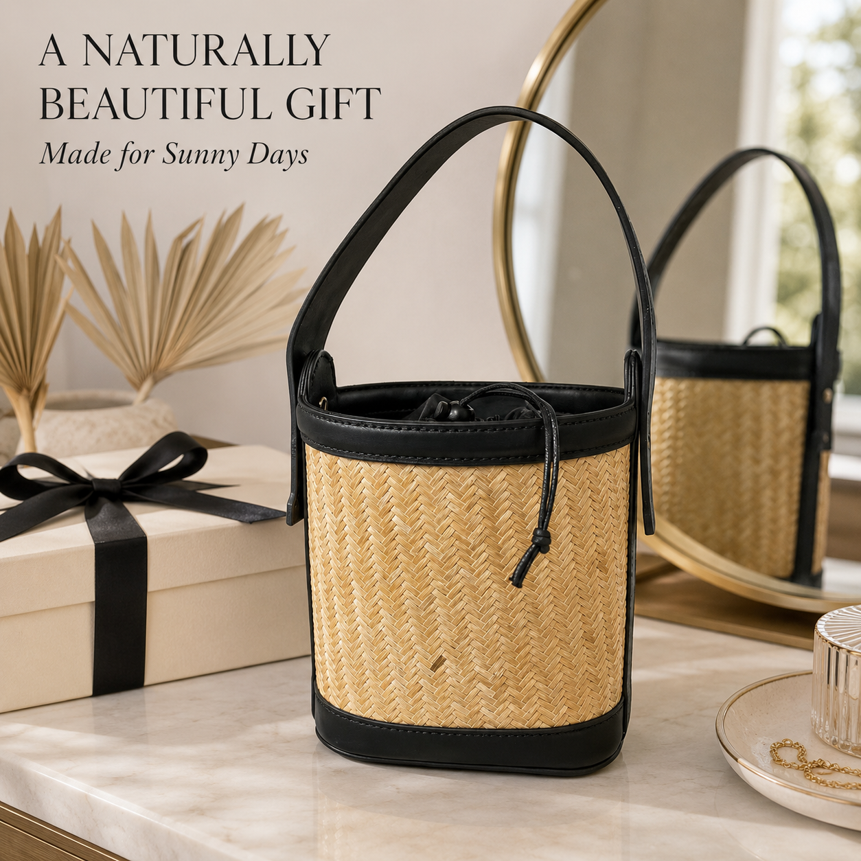 Natural Raffia Weave Drawstring Bucket Handbag