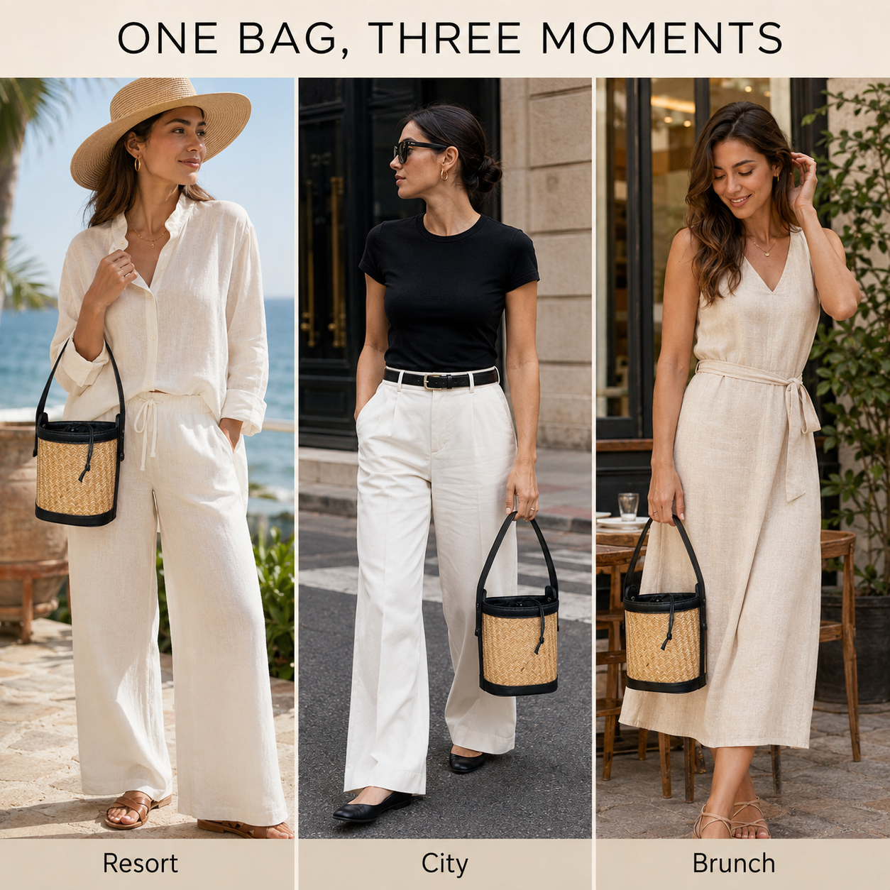 Natural Raffia Weave Drawstring Bucket Handbag