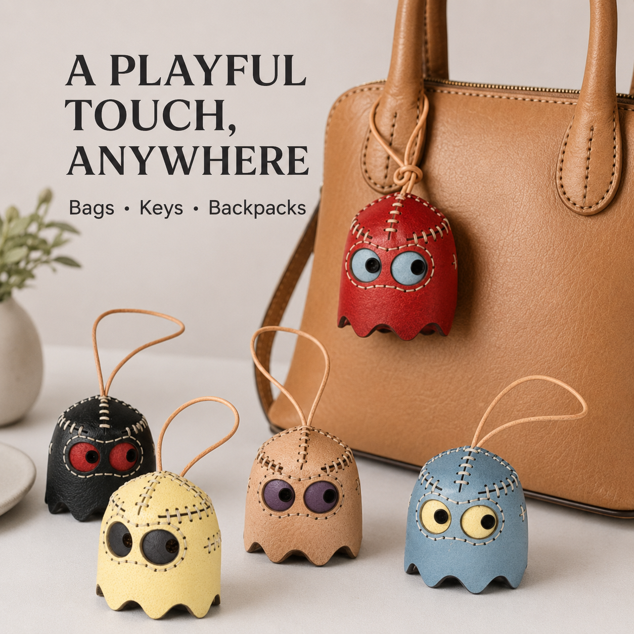 Pac-Man Ghost Leather Keychain Charm