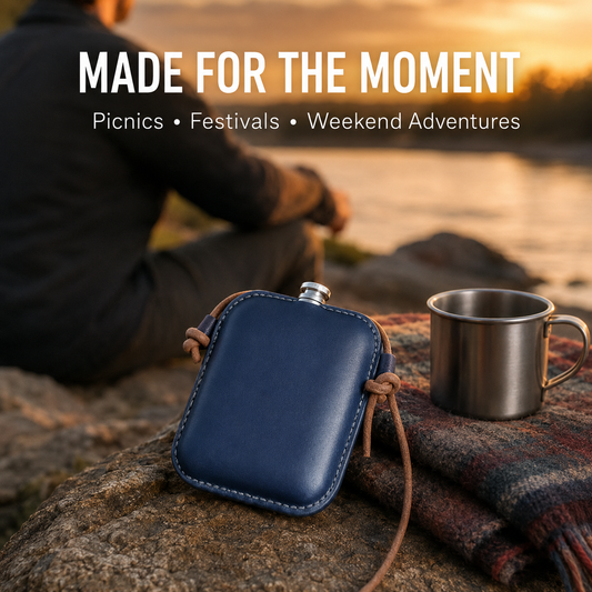 Handmade Navy Leather Cover Hip Flask Shoulder Pouch