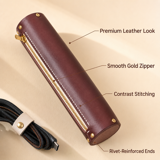 Cylindrical Leather Cable Storage Pouch
