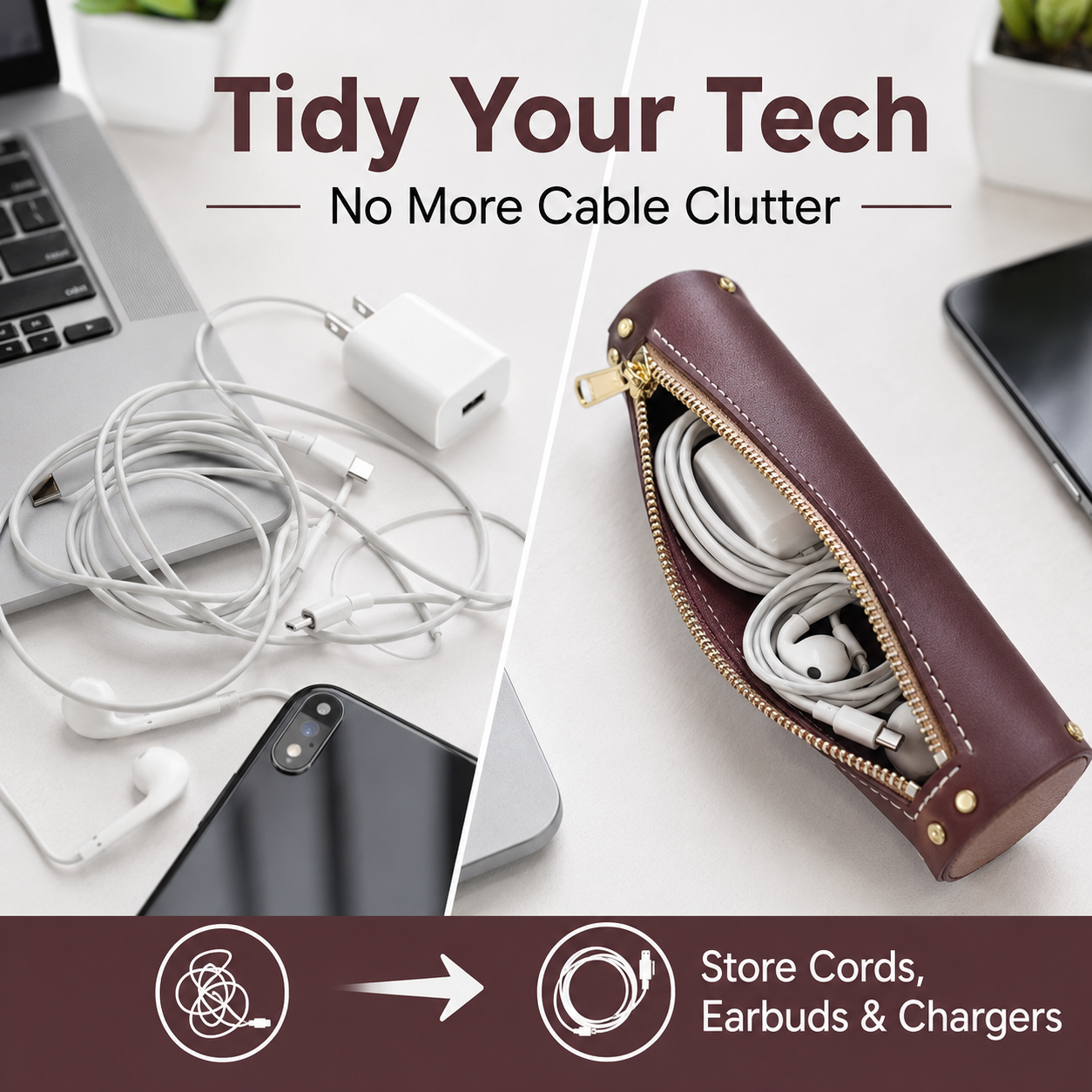 Cylindrical Leather Cable Storage Pouch