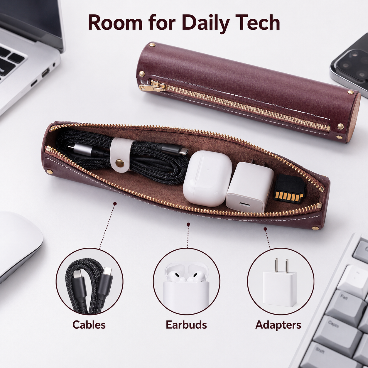 Cylindrical Leather Cable Storage Pouch
