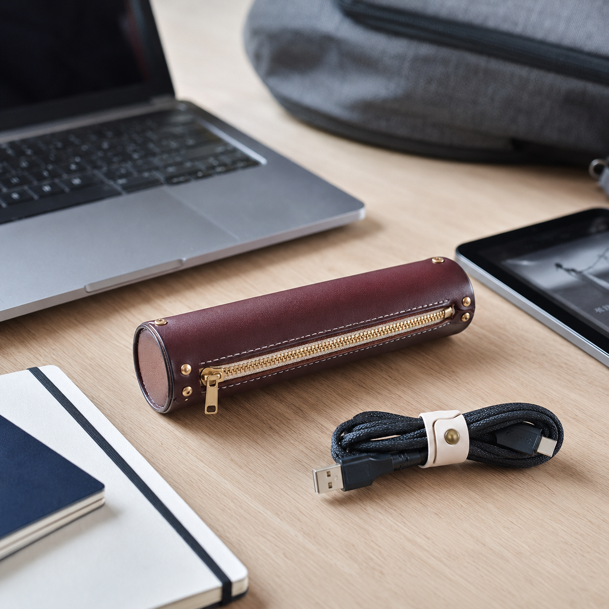 Cylindrical Leather Cable Storage Pouch
