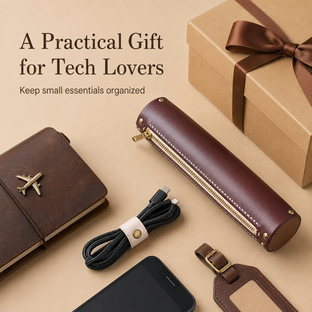 Cylindrical Leather Cable Storage Pouch