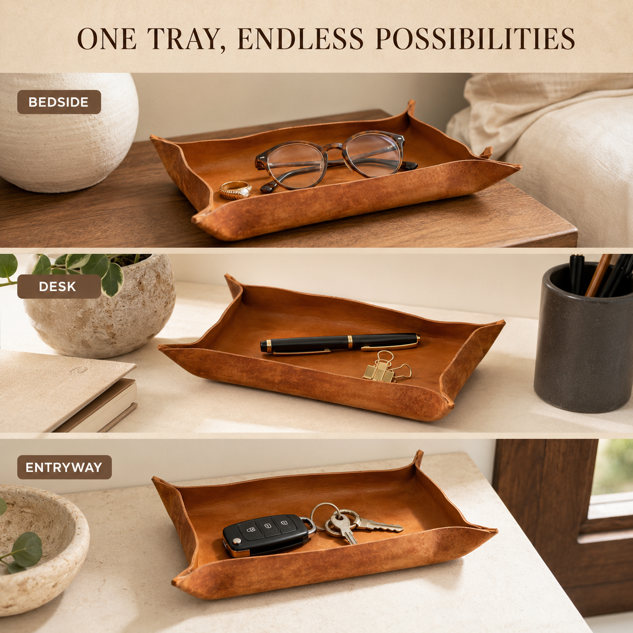 Irregular Fold Edge Leather Catchall Tray