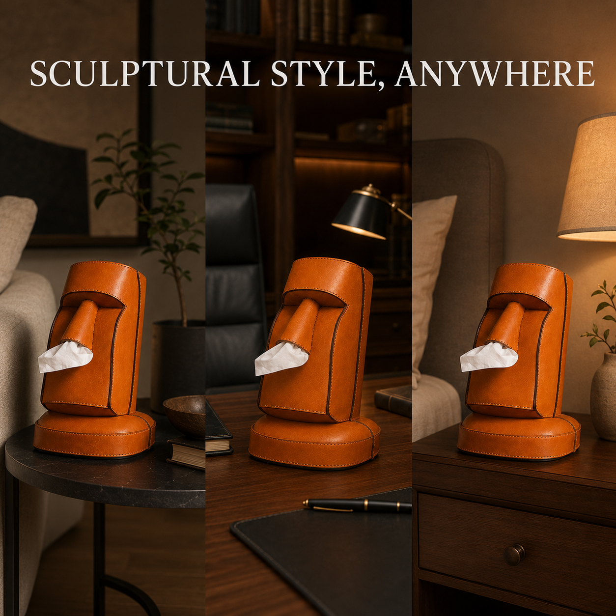 Abstract Stone Sculpture Leather Tissue Box
