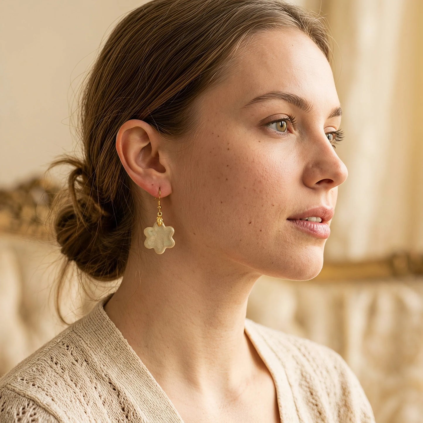 Cream Flower Leaf Drop Earrings