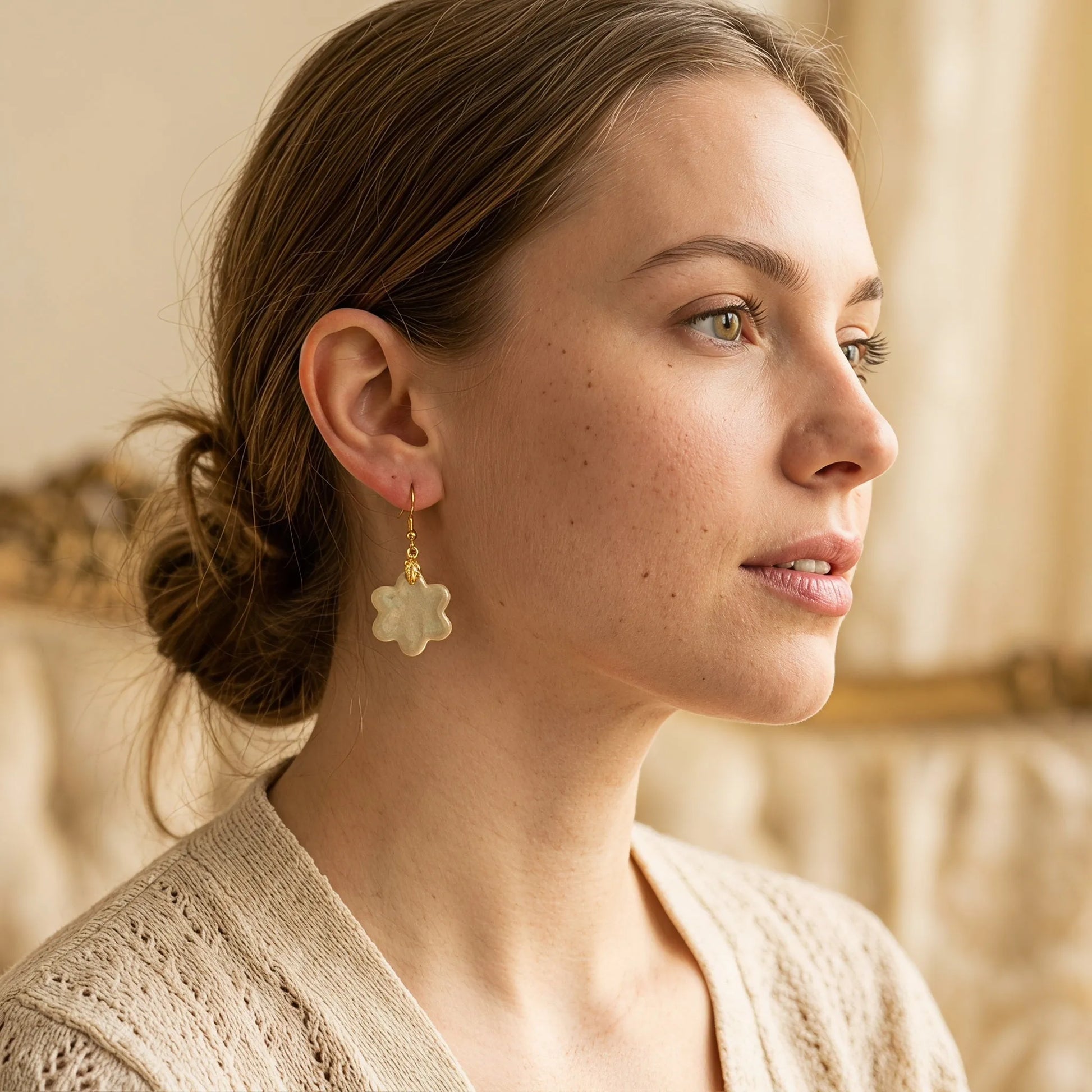 Cream Flower Leaf Drop Earrings